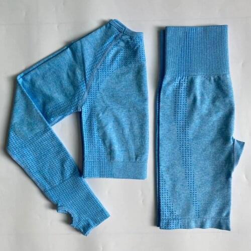 Tracksuit Women Gym Outfit Sport Wear Workout Clothes Long Sleeve Fitness Crop Top + Yoga Fifth Pants Leggings Seamless Yoga Set