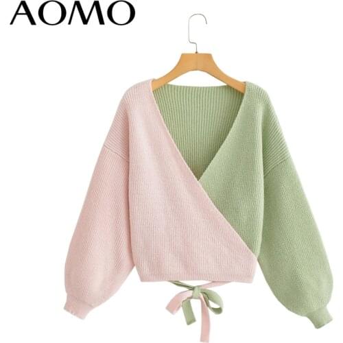 AOMO 2021 Autumn Winter Women Green Pink Patchwork Crop Knitted Cardigan Sweater Jumper Long Sleeve Female Outerwear BC30A