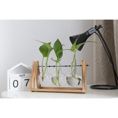 1PC Glass Vase Tabletop Hydroponics Plant Bonsai Flower Pot with Wooden Tray Ornament Home Office Wedding Decor Vase JL 230
