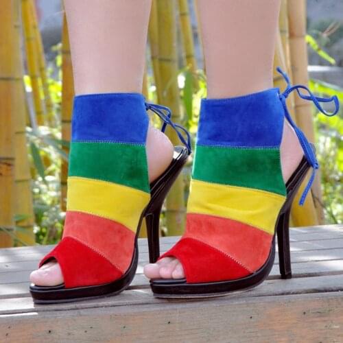 ASHIOFU Handmade Women High Heel Pumps Slingback Shoelace Party Prom Shoes Rainbow Colorful Evening Fashion Pumps Shoes XD081