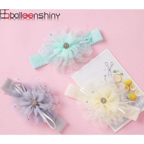 Balleenshiny 2PCS New Childrens Accessories Rhinestone Mesh Lace Flower Kids Hair Band Ornaments DIY Baby Seamless Headband