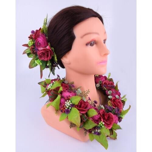 Free Shipping HL00001SET 24sets/lot 64 cm Artifical Silk Rose Short Lei&Hair Clip Tropical Flower Women Wear Hawaiian Necklace