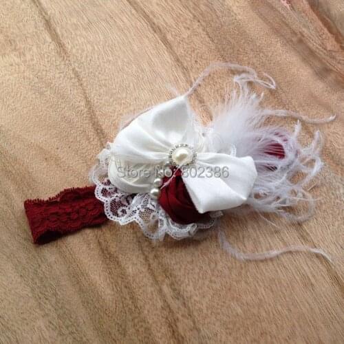 Free Shipping Ivory Dupioni Silk Roll Flower Ivory Ostrich Feather Dupioni Silk Bow Headband Kids Hair Accessories