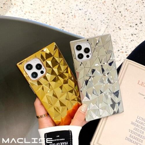 Luxury Gold Plated Square Diamond Case For IPhone 12 11 Pro Max 7 8 Plus XS XR SE2 3D Rhomb Soft Silicone Shockproof Cover Funda