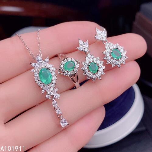 KJJEAXCMY fine jewelry natural Emerald 925 sterling silver women pendant necklace chain earrings ring set support test luxury
