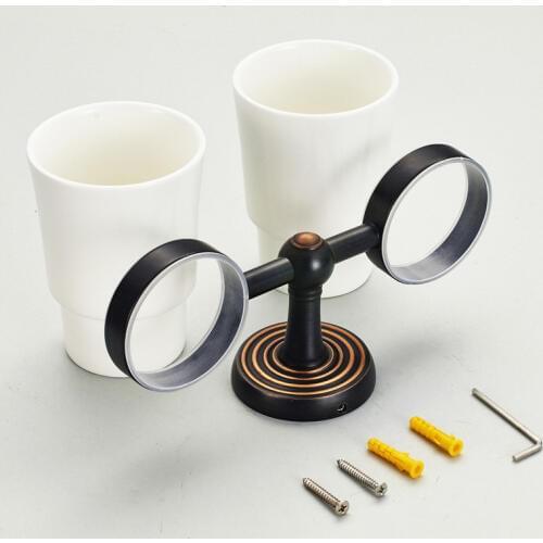 Brass Double Ceramic Cups Holders ,Toothbrush Holder Bathroom Home Decoration Black Wall Tumbler Holder