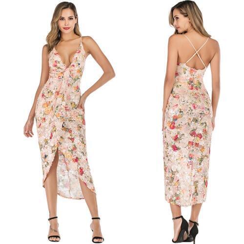 Summer Sexy Deep V-Neck Sleevesless Print Dress Glitter Sequins Lace Patchwork Elastic Material Backless Maxi Dress