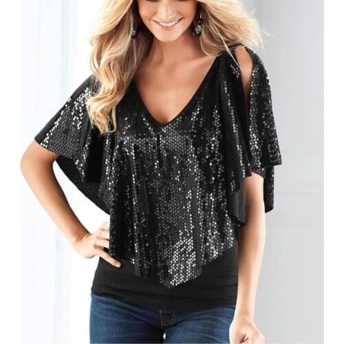Summer Fashion Beautiful Sequin Women Shirt Lady Sparkle Glitter T-Shirt Clothes 3 Colors