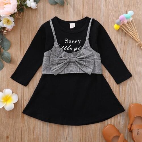 Fashion Autumn New Girl’s Long Sleeve Dress and Camisole Kids Children Cotton Letter Printed A-line Dress with Plaid Vest Set