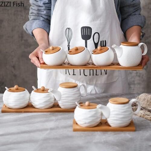 Japanese Ceramic Seasoning Box Vinegar Pot Set Household Salt Sugar Chili Oil Restaurant Table Seasoning Seasoning Pot with Base