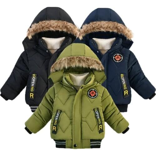 2021 New Winter Thick Fur collar Letter Hooded Boys Jacket Windbreaker Keeping Warm Outerwear For Kids Children Heavy Coats