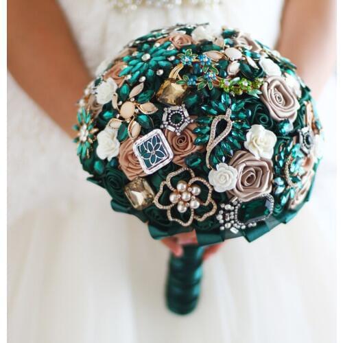 8 inch New Emerald green & Gold bridal brooch bouquet , Wedding Bride 's Bouquet, Rhinestone Jewelry bridal brooch bouquets