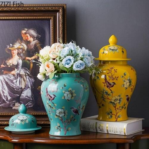 Creative Flower and Bird Ceramic General Jar Painted Flower Arrangement Dried Flower Vase Large Capacity Sealed Storage Jar Home