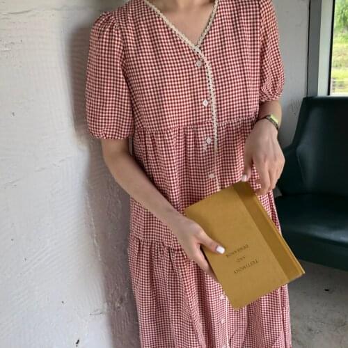 Summer Casual Women Plaid Dress French Style V-Neck Short Sleeve Vintage Dress Single Breasted Female Robe