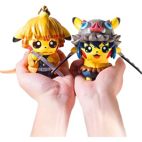Pokemon 10cm Pet Collection Pikachu Model Toys The Blade of Demon Slayer Tanjiro Cute Pikachu Q Version Doll Figure Box of Eggs