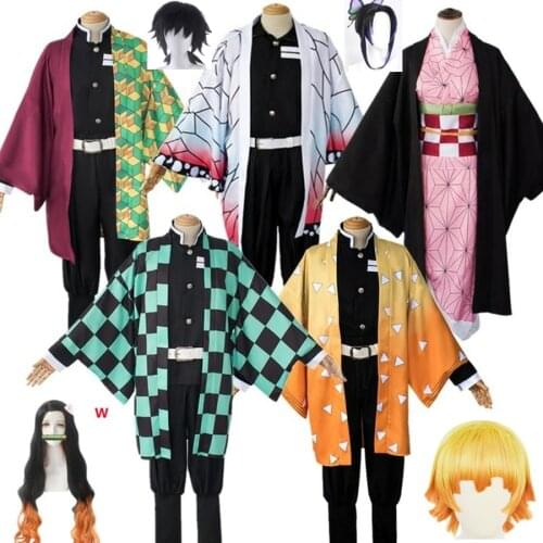 Full Sets Unisex Anime Demon Slayer Kimetsu No Yaiba Tanjirou Kamado Nezuko Halloween Cosplay Costume Adults Kids Kimono