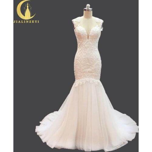 Rhine Real Picture New Arrival V Neck Lace Appliques Pearls Mermaid Nude Open Back Fashion Bridal Wedding Dresses Wdding gown
