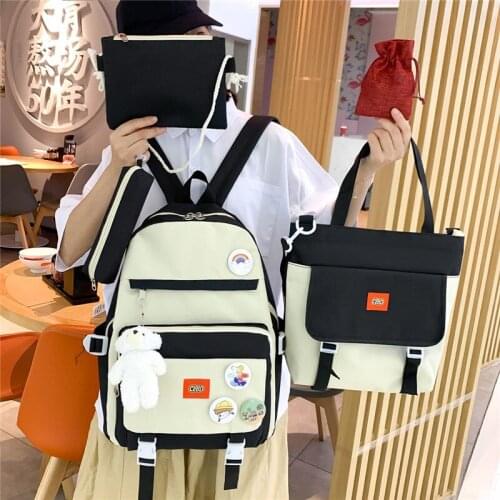 Travel Backbag 5-piece Fashion Womens Backpack Trend Badge School Bag For Girls Cute Pendant Contrast Color Student Shoulder