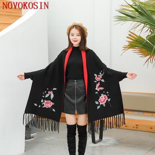 SC356 2019 Black With Red Embroidered Cloak Winter Knitted Thick Tassel Poncho Women Floral Female Long Sleeves Wrap Warm Shawl