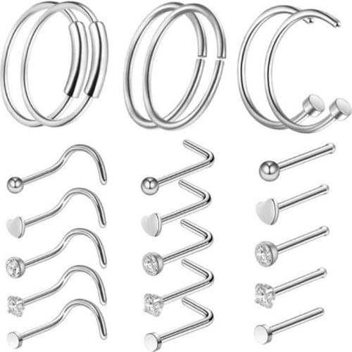 Silver color surgical Steel Heart Star Zircon Nose Screw Ring L Rose Gold Nose Stud Retainer Holder Piercing Body Jewelry