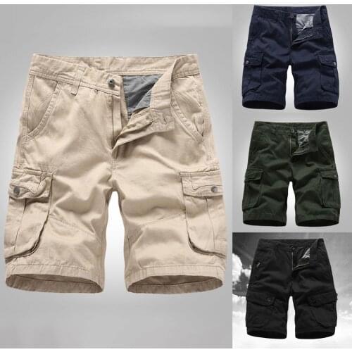 Men Shorts Solid Color Multi Pockets Cotton Blend Mid Rise Loose Knee-length Trousers Pants for Summer
