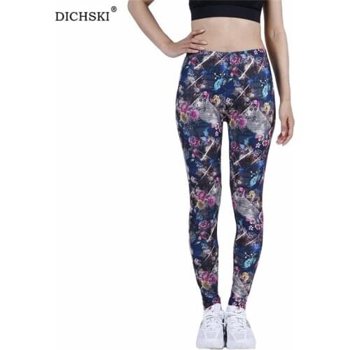 DICHSKI High Waist Push Up Sport Legging Women Yoga Pants Stretchy Gym Workout Tights Running Colored Starry Sky Flower Bottom