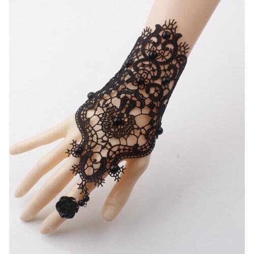 Wedding Black Flower Rose Lace Ribbon Bracelet & Adjustable Ring Set Bride Bridal Handmade Glove Wristband Jewelry Accessories
