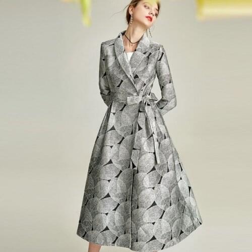 2021 Spring Fall New Woman Female Printed Leaves Pattern High Waisted Trench Coat , Womens 3xl Windbreaker Fashion Coats