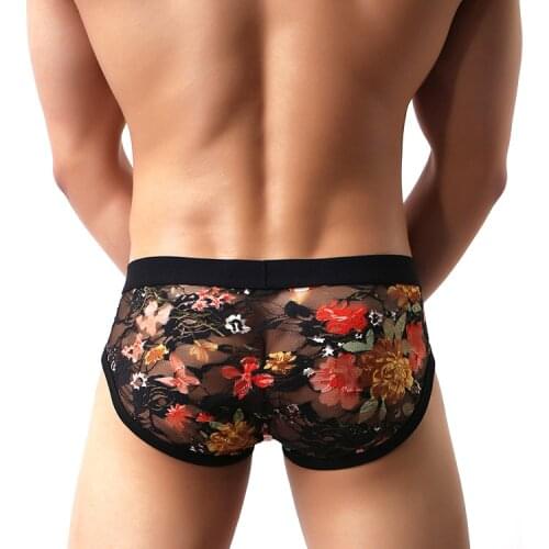 Mens Briefs Sexy Low Rise Lace Briefs See Through Breathable Underpants Floral Pattern Male Underwear Intimates Underpants