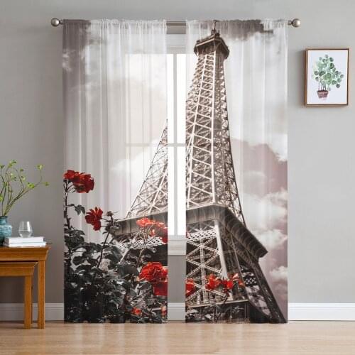 Retro Eiffel Tower Flower Print Sheer Window Panel Curtains Room for Living Room Bedroom Kitchen Room Chiffon Tulle Curtains