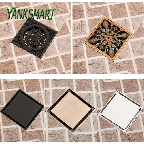 YANKSMART Household Carved Flower Antique Brass Floor Drain 10*10cm Bathroom Shower Drainage Tile Insert Square Drains