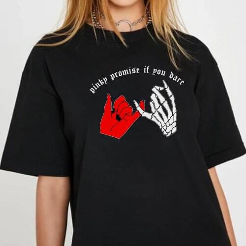 Pinky Promise Harajuku Streetwear Oversized T Shirt Skeleton Print Punk Gothic Womens T-Shirts Grunge Aesthetic Clothes Tops