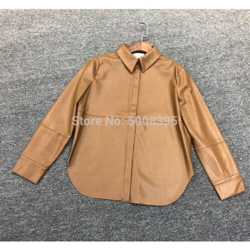 [ElfStyle] - Woman Brown PU leather effect shirt Collar Long sleeves button cuffs curved hem Fashion jackets top