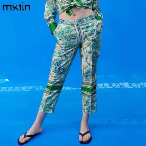 MXTIN 2021 Women Spring Vintage Casual Floral Print Pants Vintage Zipper Fly Pockets Side Vents Female Ankle Trousers Mujer