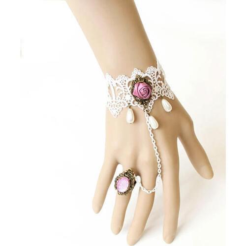 Adjustable Ring Bracelet for Women Gothic Bridal White Lace Purple Flower Rose Stone Bead Drop Chain Vintage Set Wedding Jewelry