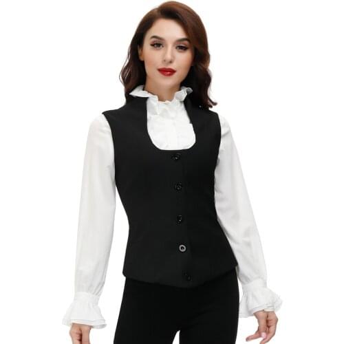 Kate Kasin Women U-Neck Vest Coat Sleeveless Stand Collar Single Breasted Solid Color Slim Retro Jacket Clothes Black Female
