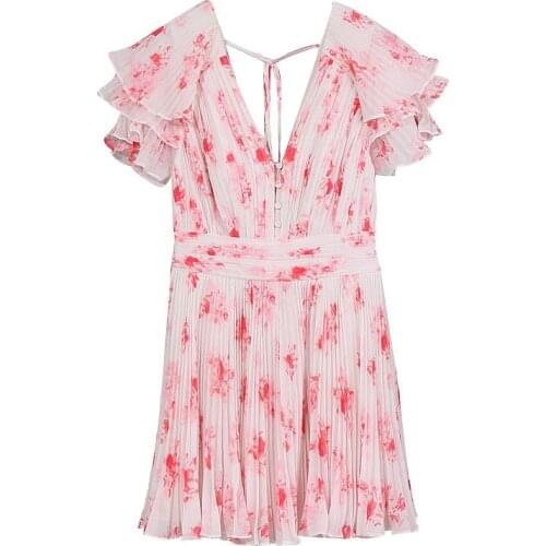 2021 New Spring Sweet Pink Floral Women Dress Backless V-Neck Ruffles Sleeve Sexy Lady Mini Dress