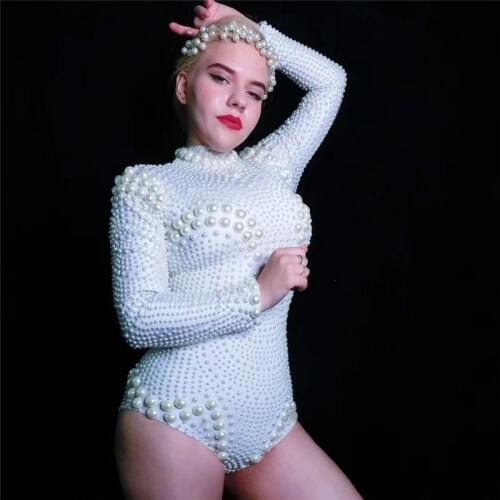 T16 Female pole dance dress stage costumes white beads long sleeve bodysuit pearls elastic tight-fitting outfit party wears dj