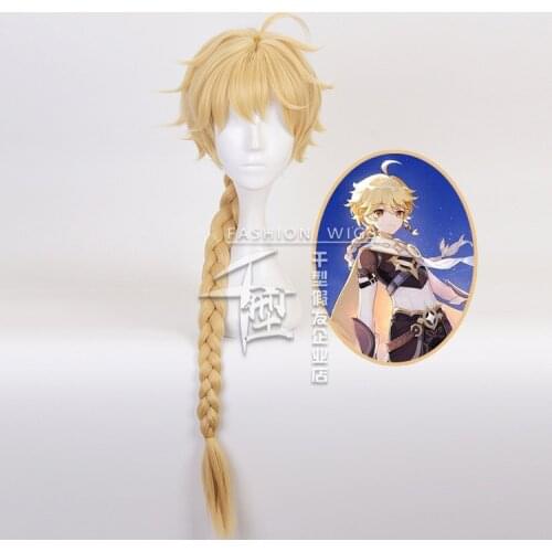 2021 Genshin Impact Traveler Lumine Aether Anime Light Yellow Cosplay Heat Resistant Synthetic Wig Halloween Free Wig Cap