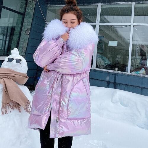 90% Down Parkas Womens Fashion Glossy Big Real Fur Collar Silver Down Jackets Hooded Coat Thick Winter Long Jacket Women Outwear