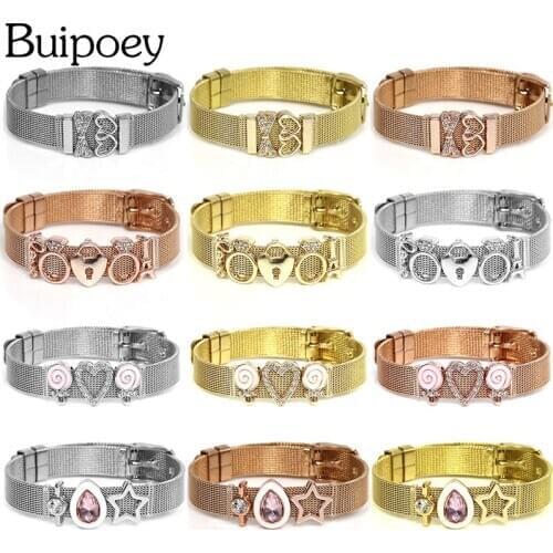 Buipoey Stainless Steel Mesh Bracelets For Women Men Hollow Heart Rhinestone Beads Brands Mesh Bracelet Bangle DIY Handmade Gift
