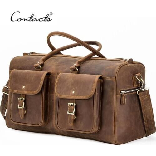 CONTACTS Crazy Horse Leather Men Travel Bags Cow Leather Shoulder Bag Male Hand Luggage Bag Large Capacity Outdoor Travel Totes