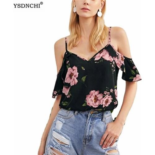 YSDNCHI Elegant Floral Printed Women Chiffon Blouses 2021 Summer Casual Deep V Neck Long Sleeve Elastic Female Shirts Tops