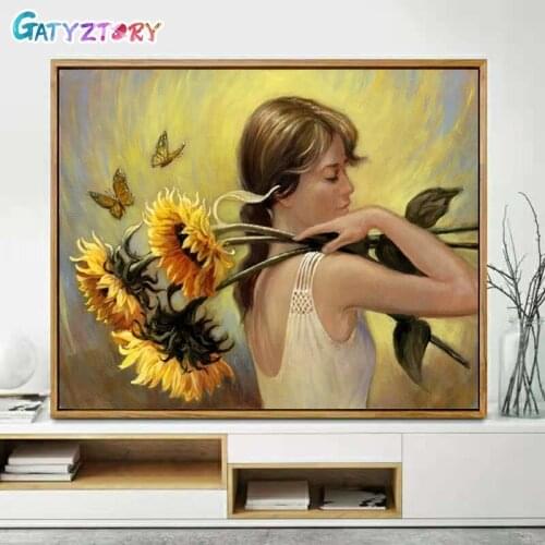 GATYZTORY Cross Stitch Embroidery Girl Sunflower Cotton Thread Painting DIY Needlework Kits 14CT Winter Home Decoration