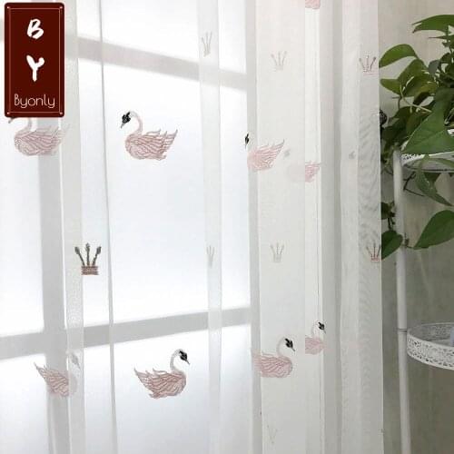 Finished Tulle Sheer Voile Curtains for Living Room Window Screen Swan Embroidery Pink Blue Yarn Embroidered Girls Luxury