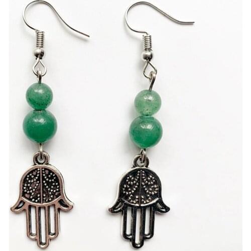 Green Aventurine Stone Beads Crystal Drop Earrings Pendant Charm Vector Hamsa Symbol Hand Palm Shape Natural Stones Earrings