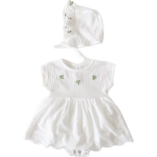 White Newborn Girls Party Rompers Embroidered Floral Romper Dress+Sun Cap Baby Girl Princess Jumpsuit Clothes Sunsuit Outfits 3M