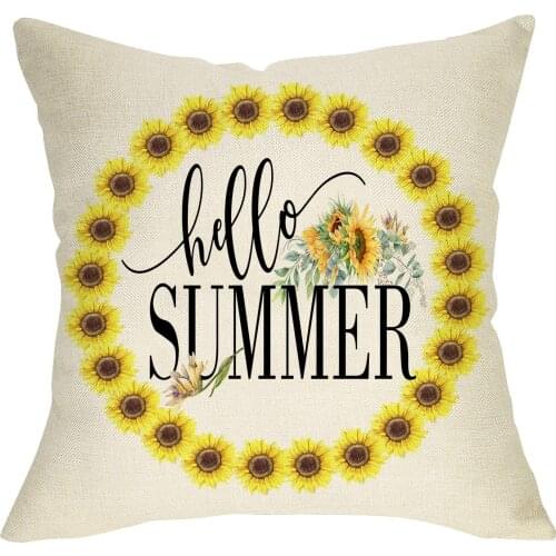 Softxpp Hello Summer Decorative Throw Pillow Cover, Sunflowers Wreath Cushion Case, Seasonal Flower Home Decoration Cotton