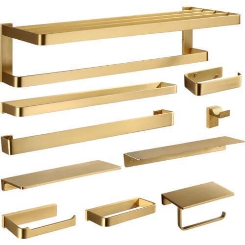 Bathroom Hardware Set Towel Rack Paper Holder Towel Bar Corner Shelf Toilet Brush holder Brushed Gold Bathroom Accessories Set
