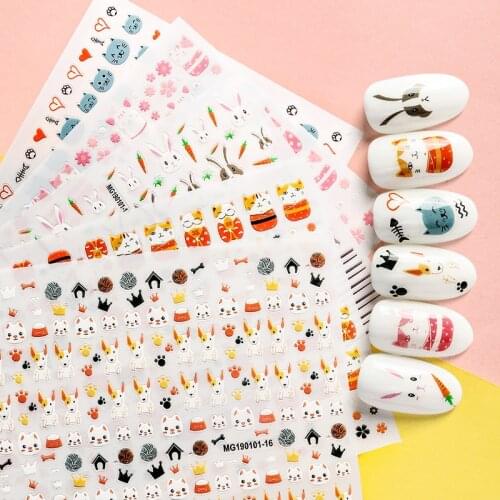 1 Sheet 3D Personality Water Decals Nail Art Stickers Cartoon Cute Rabbit Pink Cat On Nails Of Dandelions Stickers Manicure Z076